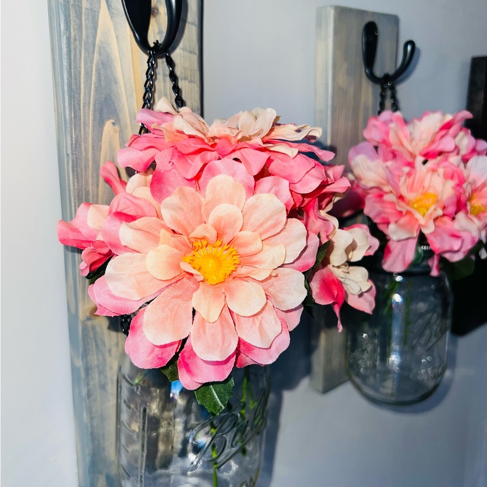 Pink Floral Wall Sconce with Mason Jar